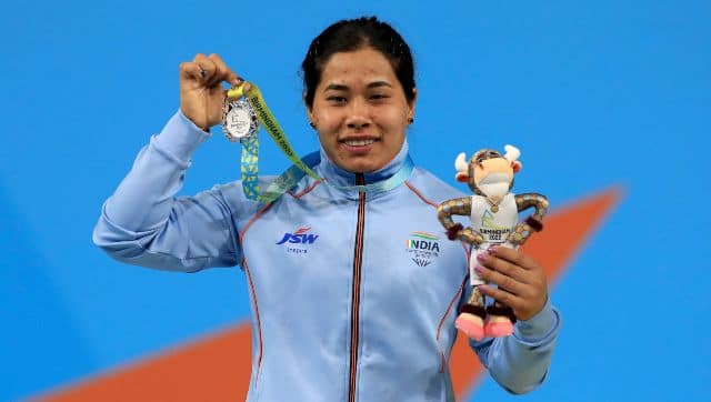 Bindyarani Devi came second in the women’s 55kg weightlifting competition, eventually winning silver medal. AP 