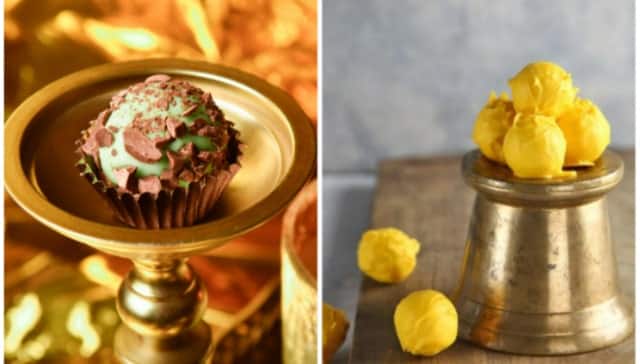 Mint chocolate chip truffle and (R) Aamras truffle make for an elegant, delicious bite