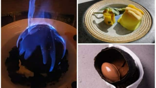Chocolate ball on fire, khandvi sorbet and cacao dessert, grab attention with their taste and visual appeal 