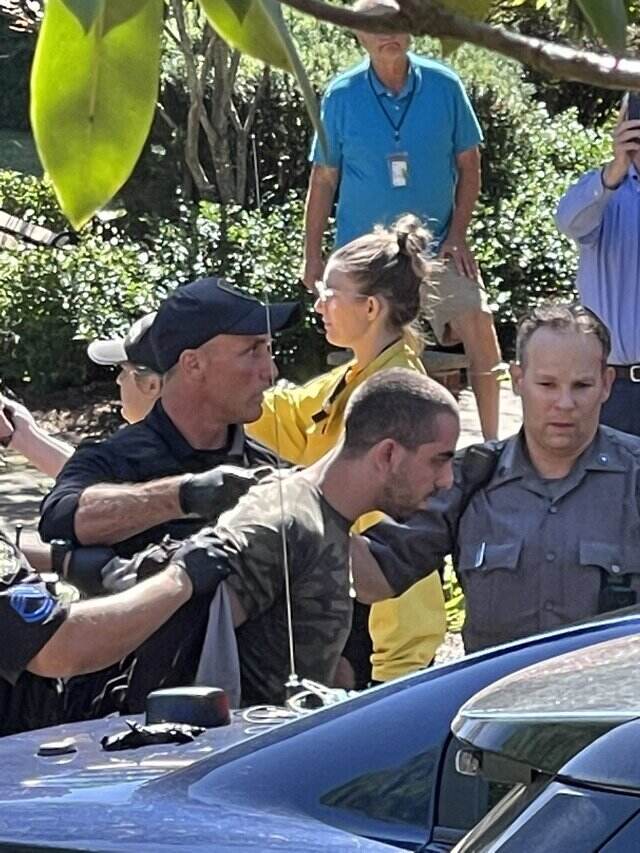 New York State Police restrains author Salman Rushdie’s attacker outside the Chautauqua Institution, New York, on Friday.Twitter/ @Geeta_Mohan