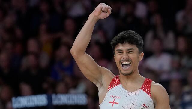Jake Jarman of Team England celebrates after after comepting in apparatus Men's final Floor Exercise finals at the Commonwealth Games, in Birmingham, England, Monday, Aug.1, 2022. Jarman won the Gold medal. (AP Photo/Manish Swarup)