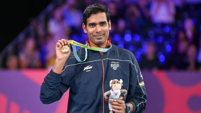 Paddler Achanta Sharath Kamal clinched gold in the men's singles final, beating England's Liam Pitchford 4-1. AP 