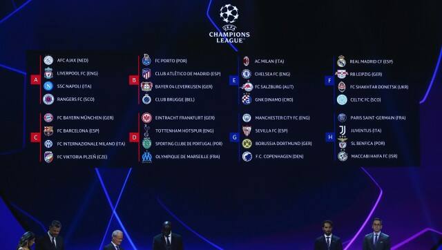 The groups and club names are displayed on the screen at the end of the soccer Champions League draw in Istanbul, Turkey, Thursday, Aug. 25, 2022. (AP Photo/Emrah Gurel)
