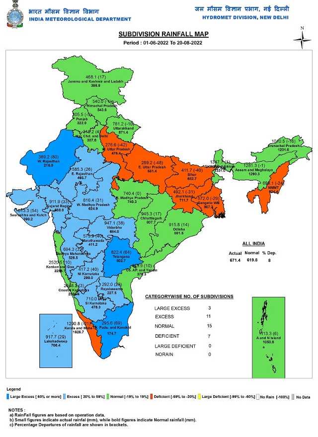 Subdivision wise seasonal rainfall in India in monsoon 2022 so far till 20 August.
