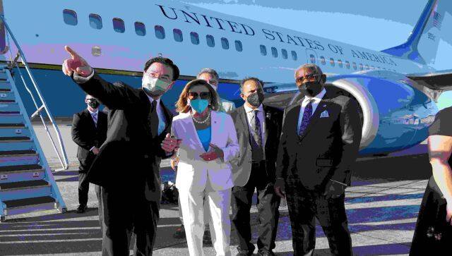 Taiwan's Foreign Minister Joseph Wu along with US House Speaker Nancy Pelosi as she prepares to leave Taipei on her visit dated 3 August. AP