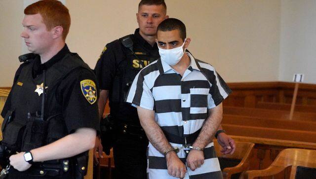 Hadi Matar, 24, accused of carrying out a stabbing attack against “Satanic Verses” author Salman Rushdie booked on the charges of attempted murder and assault. AP