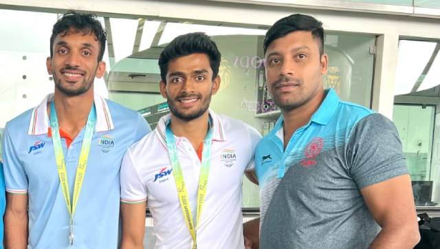 (From left) Abdulla, Eldhose with coach Hari Krishnan. Firstpost