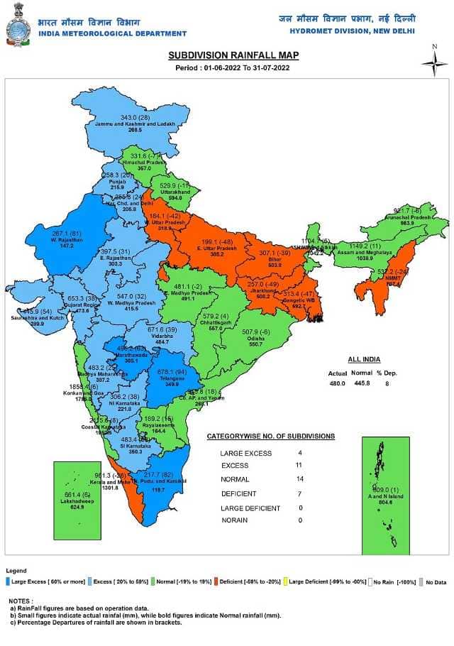 Cumulative rainfall map of india since 1 June, 2022