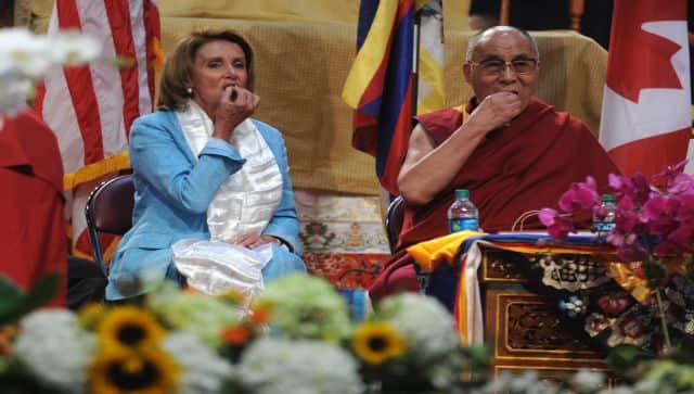 Nancy Pelosi and The Dalai Lama during a New York City visit to celebrate the spiritual leader's 80th birthday on 10 July 2015. The Dalai Lama's birthday is on 6 June. AFP
