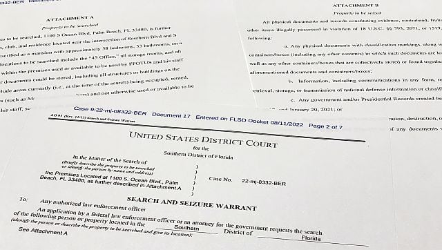 The FBI's warrant for searching former president Donald Trump's Mar-a-Lago estate. AP