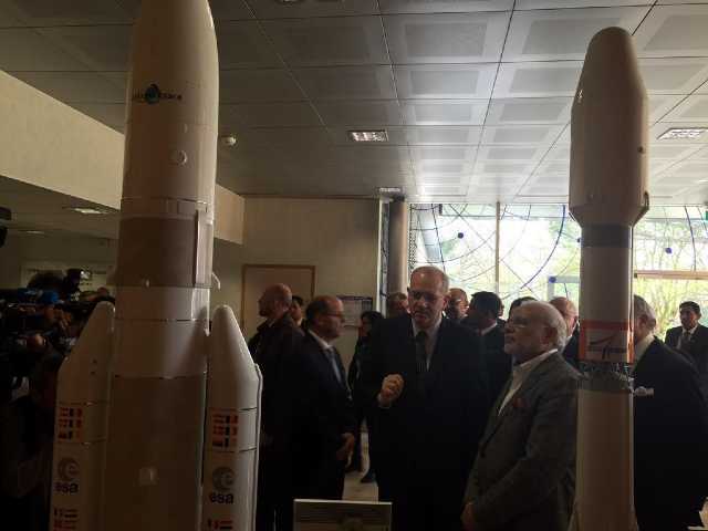 Prime Minister Narendra Modi with then-President of CNES, Jean-Yves Le Gall in Toulouse in 2015. Image courtesy PMO Twitter Page