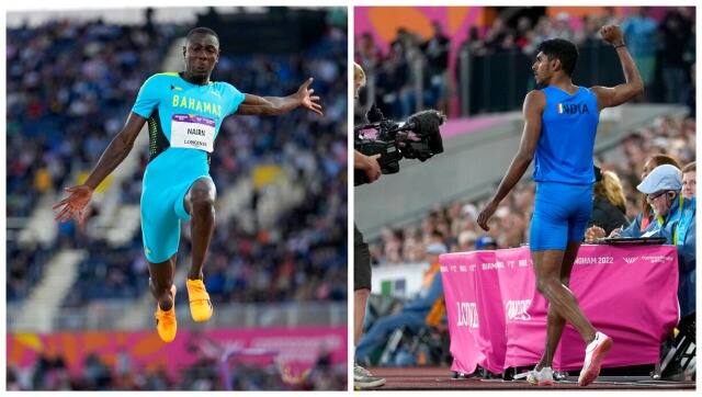 (Left) CWG gold medallist long jump Laquan Nairn wearing skin-tight signlet while Sreeshankar (right) noticed back of his ill-fitted vest cost him few centimetres in the decider. AP