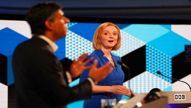 Liz Truss and Rishi Sunak take part in the BBC Conservative Party leadership debate in Stoke-on-Trent, England. AP