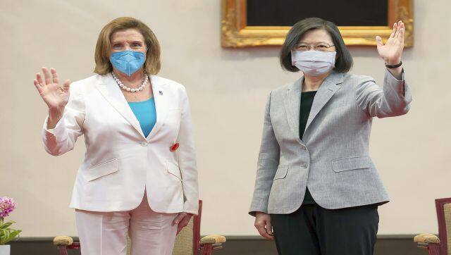 US House Speaker Nancy Pelosi and Taiwanese president President Tsai Ing-wen wave during a meeting in Taipei. This the first visit by a senior US official to the island nation in 25 years. AP