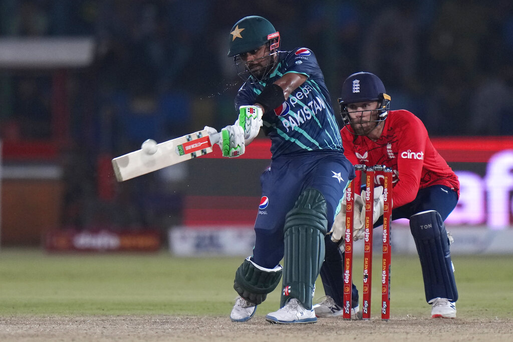 Babar Azam shot 11 fours and five sixes during the course of his innings as Pakistan added 59 runs while his counterpart Moeen Ali gave away 21 runs in an over. AP