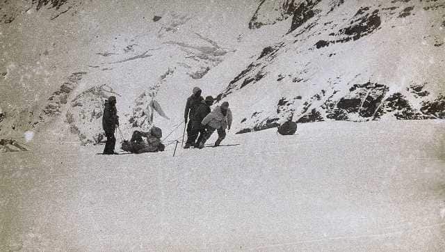 Harish Kapadia being dragged to lower camps on a tent. Image courtesy Lt. Nawang Kapadia Library