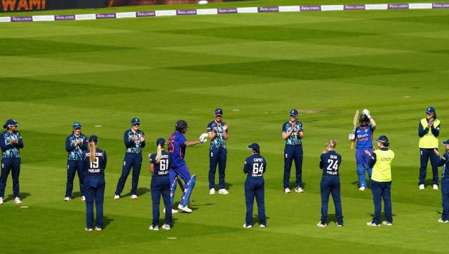 Jhulan Goswami also recieved a guard of honour from the England team when she came out to bat for the last time. Goswami, however, was dismissed off the first ball. Twitter/England Cricket