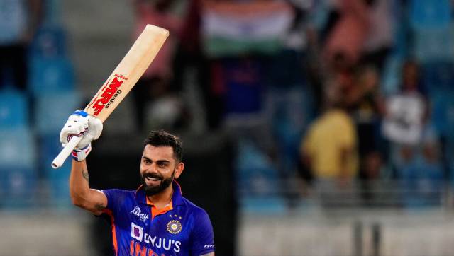 Virat Kohli raises his bat after scoring a century during India vs Afghanistan Super Four match of the Asia Cup 2022 in Dubai on Thursday. AP