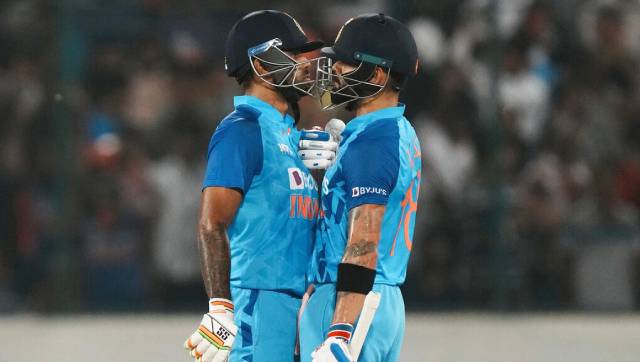 Virat Kohli (right) and Suryakumar Yadav brough Indias chase on track by adding 104 runs for the third wicket to put India at front in the chase. Yadav played the dominant in the stand as he scored a 36-ball 69 (including five fours and sixes each). AP