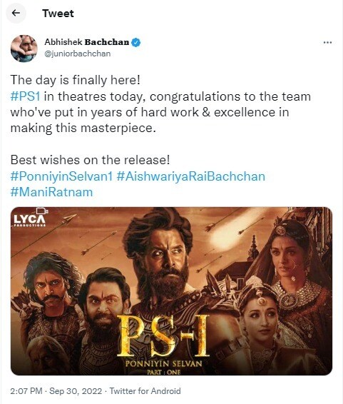 Abhishek Bachchan tweets morphed poster of Ponniyin Selvan 1 deletes later