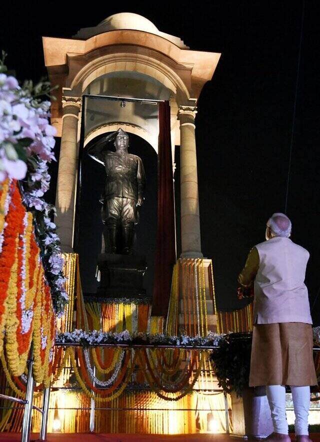 Prime Minister Narendra Modi paid his respects to Netaji Subhash Chandra Bose as unveiled his statue on Thursday evening. He later inaugurated the revamped Rajpath and Central Vista in National Capital. ANI