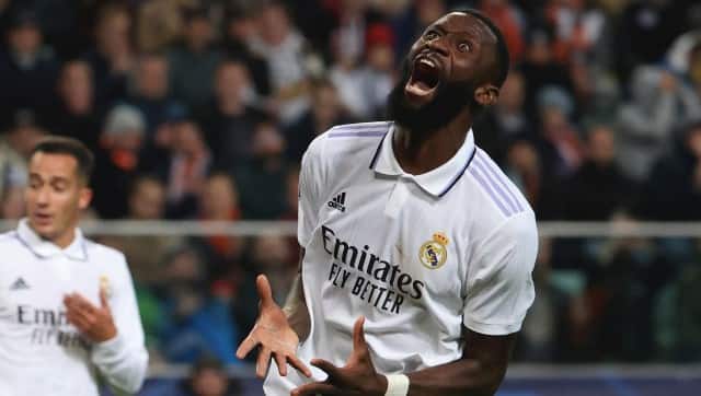 Real Madrid's Antonio Rudiger celebrates after scoring his side's first goal during the Champions League group F soccer match between Shakhtar Donetsk and Real Madrid at Polish Army Stadium stadium in Warsaw, Poland, Tuesday, Oct. 11, 2022. (AP Photo/Michal Dyjuk)