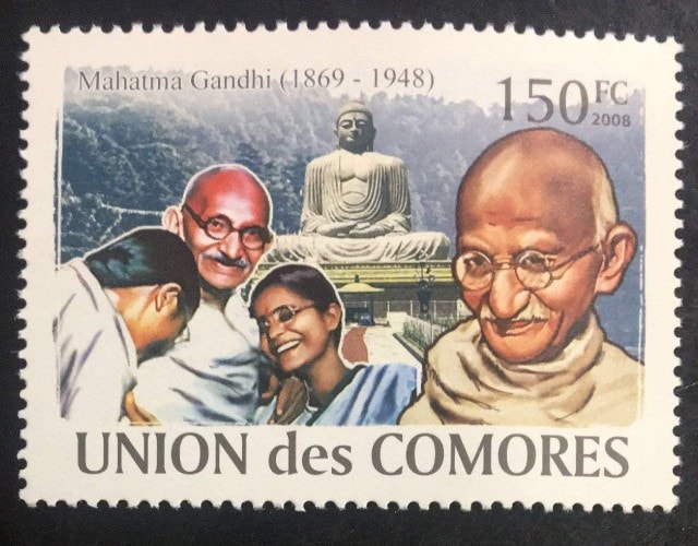 In 2008, the Comoros islands issued a stamp of Gandhi with his nieces, Abha and Manu