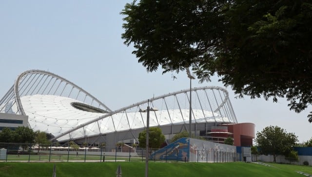 This picture taken on September 7, 2022 shows the Khalifa International Stadium building complex in Qatar's capital Doha ahead of the FIFA football World Cup 2022. (Photo by KARIM JAAFAR / AFP)