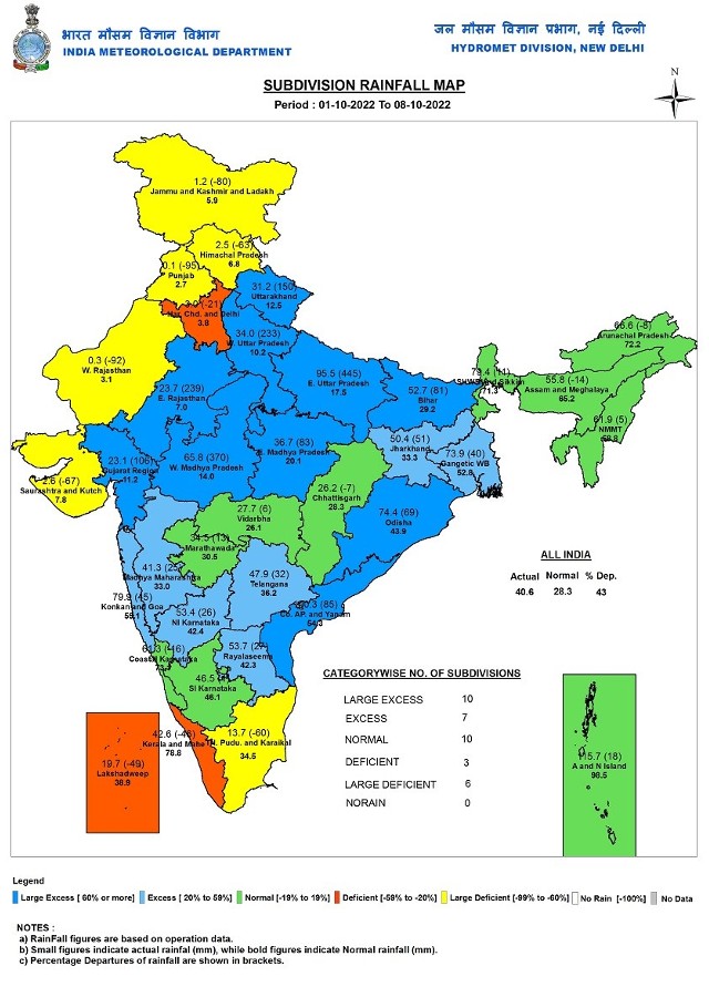 Subdivision rainfall map of India for the post monsoon rains till 8 October
