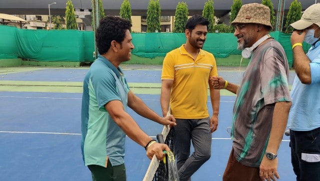 MS Dhoni and Sachin Tendulkar spotted on tennis court during an ad shoot; see photos
