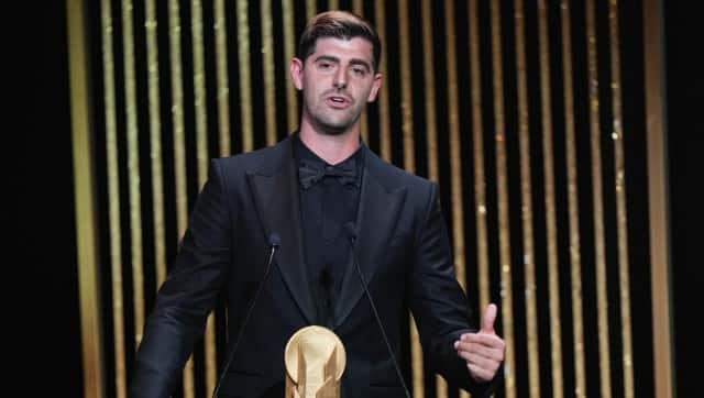 Real Madrid's goalkeeper Thibaut Courtois speaks after winning the Yashin Award during the 66th Ballon d'Or ceremony at Theatre du Chatelet in Paris, France, Monday, Oct. 17, 2022. (AP Photo/Francois Mori)
