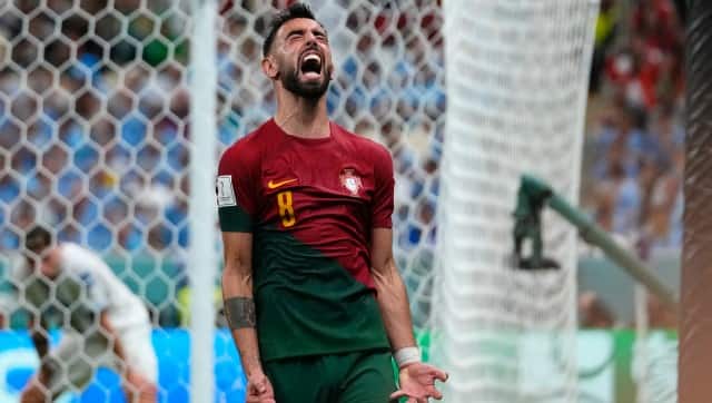 Portugal’s Bruno Fernandes reacts after failing to score during the World Cup group H soccer match between Portugal and Uruguay, at the Lusail Stadium in Lusail, Qatar, Monday, Nov. 28, 2022. (AP Photo/Petr David Josek)