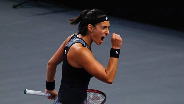 Caroline Garcia of France reacts after winning a game in the second set against Coco Gauff during round robin play on day two of the WTA Finals tennis tournament in Fort Worth, Texas, Tuesday, Nov. 1, 2022. Garcia won 6-4, 6-3. (AP Photo/Ron Jenkins)