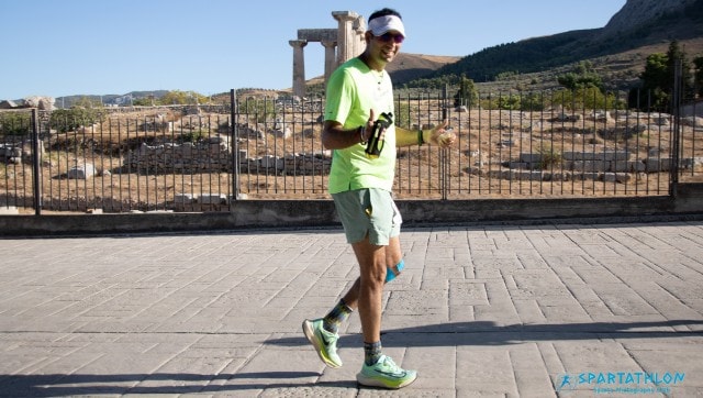 Ain't easy but not gonna quit, Munish Dev shines and smiles at the Spartathlon in Greece. Image courtesy Shail Desai