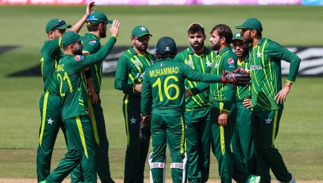 Pakistan's Iftikhar Ahmed is congratulated by teammates after taking the wicket of Bangladesh's Najmul Shanto during the T20 World Cup cricket match between Pakistan and Bangladesh in Adelaide, Australia, Sunday, Nov. 6, 2022. (AP Photo/James Elsby)