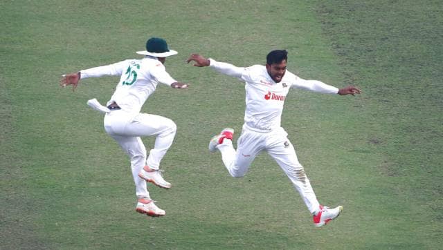 Mehidy Hasan Miraz (right) was the wrecker-in-chief on Saturday as the spinner took three crucial wickets to leave Bangladesh struggling at 45/4 while chasing a paltry 145 on a deteriorating Mirpur surface on Day 3 of the India vs Bangladesh 2nd Test. AP