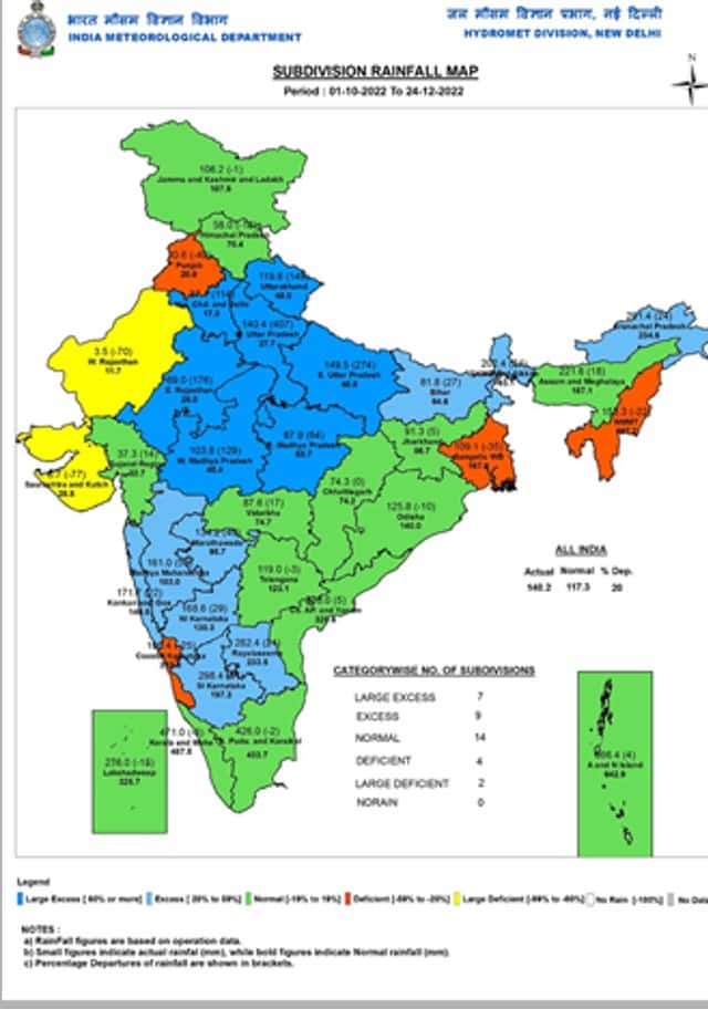 Seasonal rains in India in the period of 1 October till 24 December, 2022