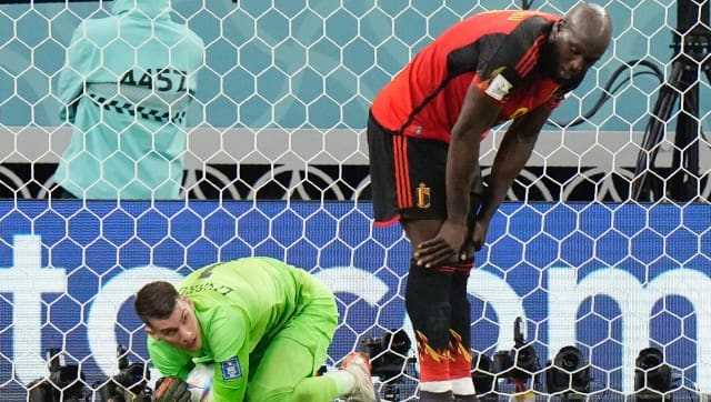 Belgium’s Romelu Lukaku reacts after missing a chance to score during the World Cup group F soccer match between Croatia and Belgium at the Ahmad Bin Ali Stadium in Al Rayyan , Qatar, Thursday, Dec. 1, 2022. (AP Photo/Luca Bruno)