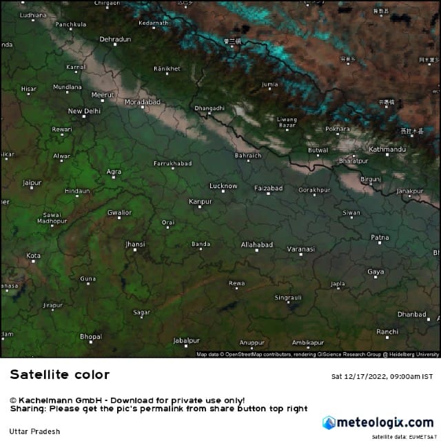 Dense fog over the foothills of Himalayas in the Uttar pradesh during the morning hours of 17 December