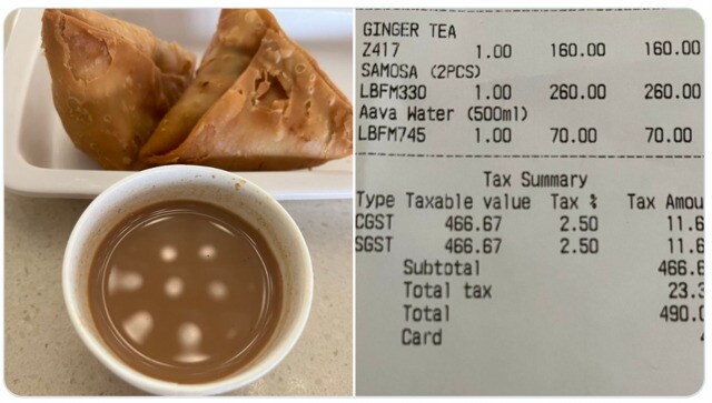 Woman pays Rs 490 for tea, two samosas, a bottle of water; shares 'shocking' bill Woman pays Rs 490 for tea, two samosas, a bottle of water; shares 'shocking' bill