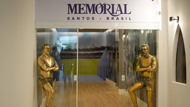 The entrance to the mausoleum of late Brazilian soccer great Pele features statues of him, before his coffin is placed inside at Necropole Ecumenica Memorial Cemetery in Santos, Brazil, Tuesday, Jan. 3, 2023. (AP Photo/Andre Penner)