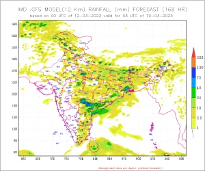 IMD’s weather model indicating widespread moderate to heavy precipitation in India around 17-18 March