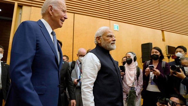 (File) US President Joe Biden and Prime Minister Narendra Modi arrive at the Quad leaders summit at Kantei Palace in Tokyo on 24 May 2022. Biden has made it a mission for the U.S. to build friendships overseas, and the next few weeks will offer a vivid demonstration of the importance he’s placing on a relationship with Modi. AP