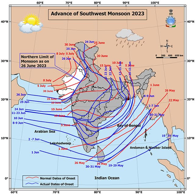 Onset of South west monsoon 2023 in India as on 26 June, 2023