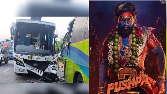 Bus carrying artistes of Allu Arjun's Pushpa 2 meets with an accident, two sustain injuries Bus carrying artistes of Allu Arjun's Pushpa 2 meets with an accident, two sustain injuries
