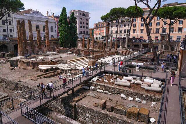 Ancient Roman temple complex, with ruins of building where Caesar was ...