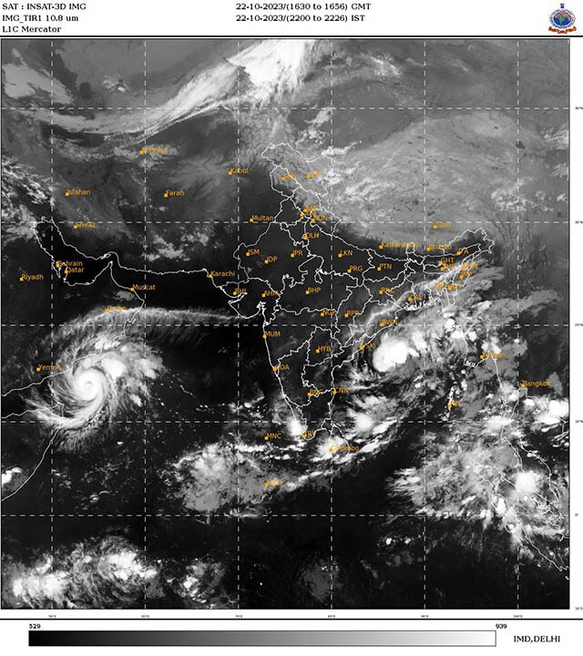 Satellite imagery from 22 October shows twin cyclones in Arabian Sea and Bay of Bengal