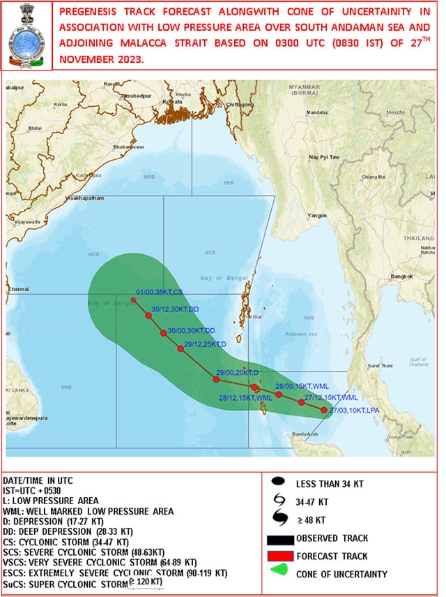 Projected preliminary track of upcoming cyclone in Bay of Bengal