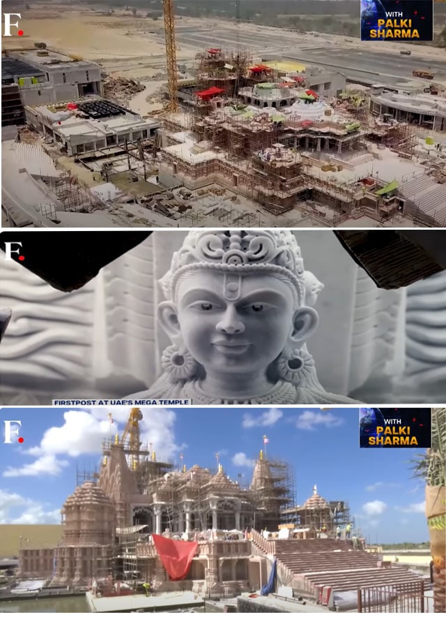 Various stages of construction of the BAPS Hindu Temple in Abu Dhabi