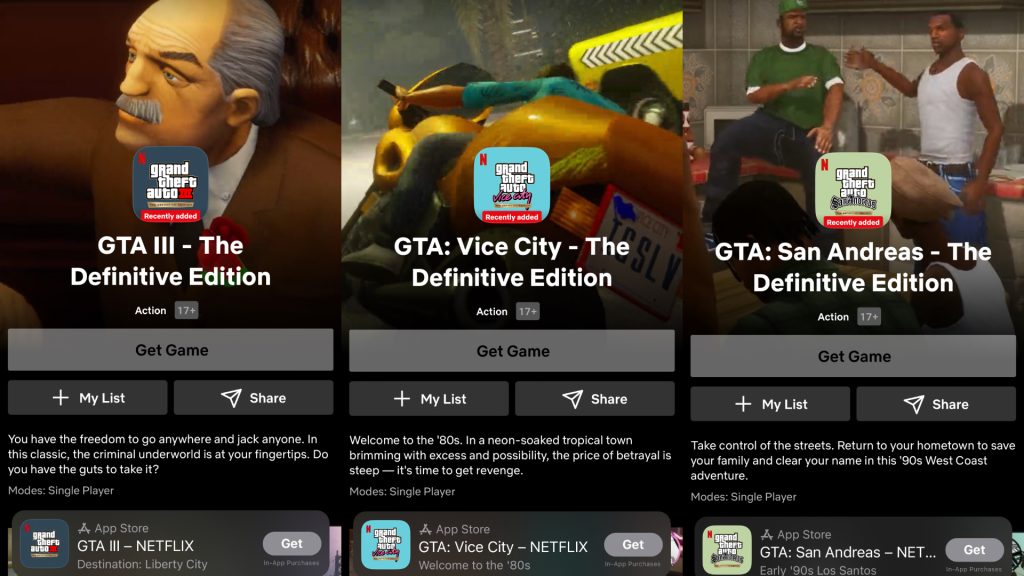 Netflix Exclusive (Subscribers Only): FREE Grand Theft Auto: The Trilogy:  The Definitive Edition: III, Vice City & San Andreas (iOS or Android Game  Download) via Apple/Google Store